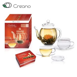 Virágzó tea szett - üveg teáskanna, 2 db csésze és 6 fehér teagolyó