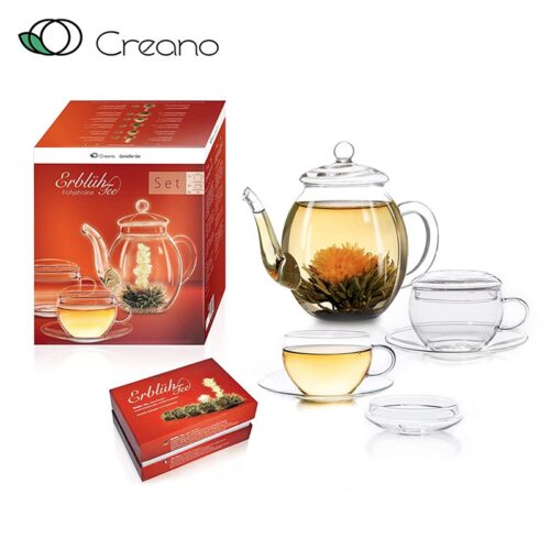 Virágzó tea szett - üveg teáskanna, 2 db csésze és 6 fehér teagolyó