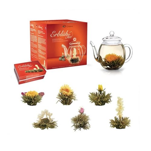 Virágzó tea szett - üveg teáskanna, 2 db csésze és 6 fehér teagolyó - Image 2