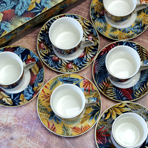 Kék és sárga pálmás vintage espresso kávéscsésze készlet ajándékcsomag