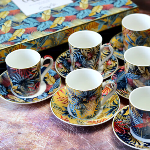 Kék és sárga pálmás vintage espresso kávéscsésze készlet ajándékcsomag