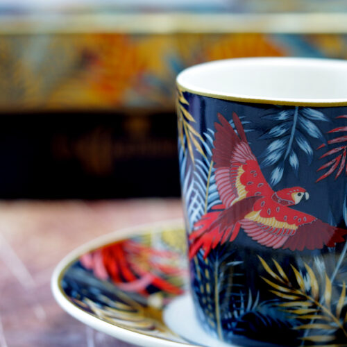 Kék és sárga pálmás vintage espresso kávéscsésze készlet ajándékcsomag