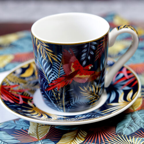 Kék és sárga pálmás vintage espresso kávéscsésze készlet ajándékcsomag