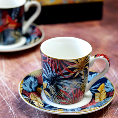 Kék és sárga pálmás vintage espresso kávéscsésze készlet ajándékcsomag