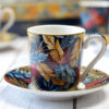 Kék és sárga pálmás vintage espresso kávéscsésze készlet ajándékcsomag