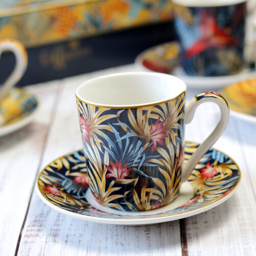 Kék és sárga pálmás vintage espresso kávéscsésze készlet ajándékcsomag