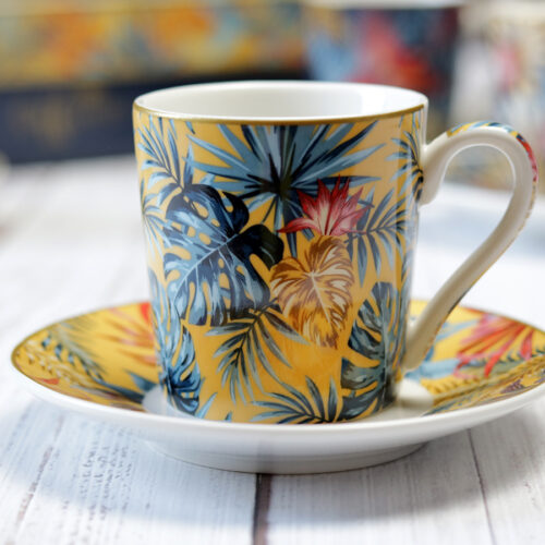 Kék és sárga pálmás vintage espresso kávéscsésze készlet ajándékcsomag